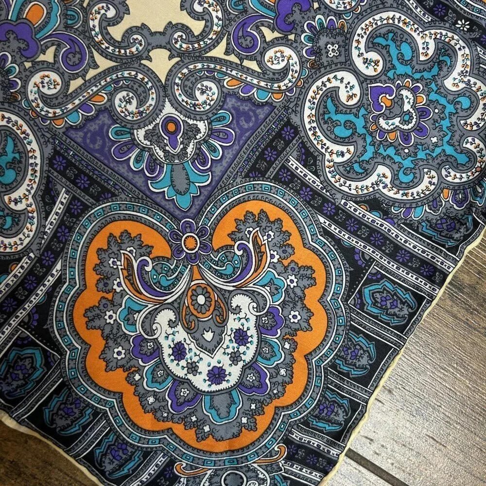 Vintage 100% Silk Colorful Edge Oversized Foulard Paisley Hand Rolled Scarf